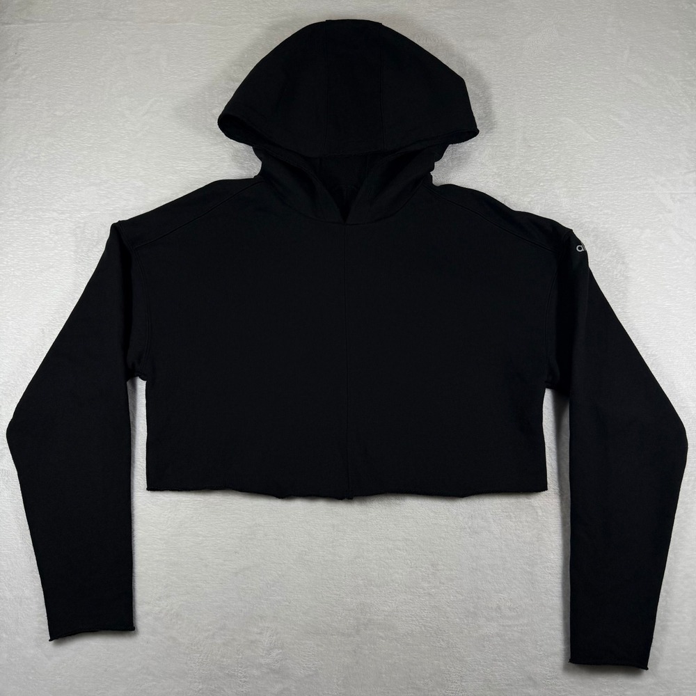 Alo Yoga Womens Black Cropped Hoodie Long Sleeve Raw Hem Activewear Sweatshirt M